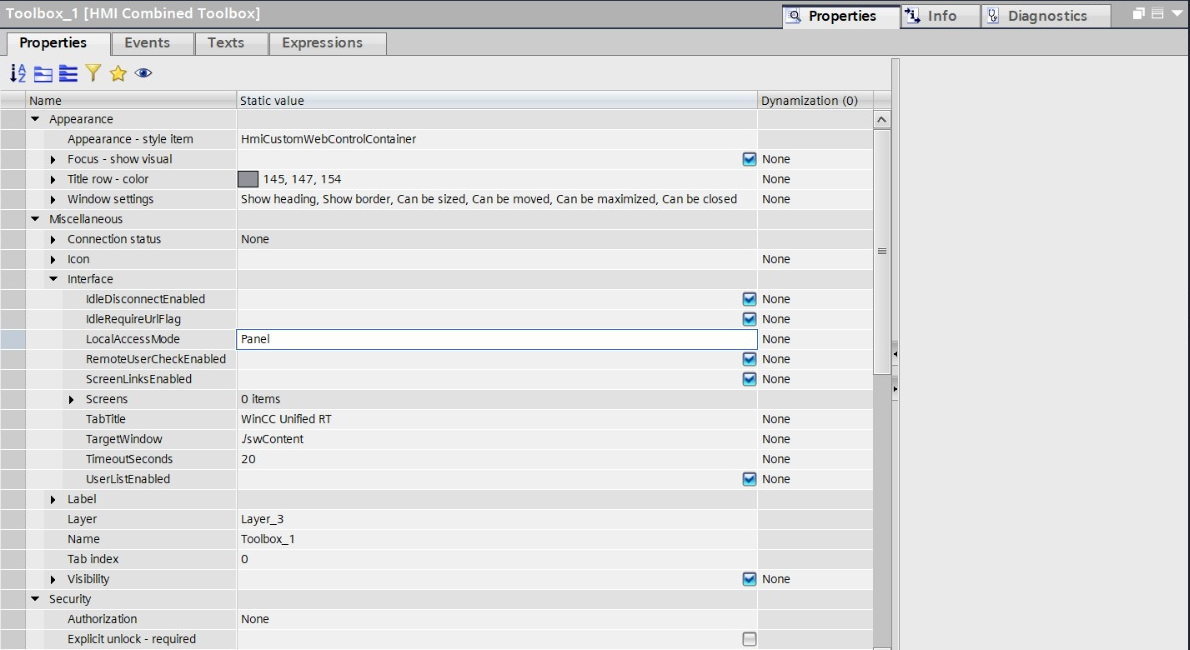 Development-stage TIA Portal configuration of the custom control, showing feature switches and session properties